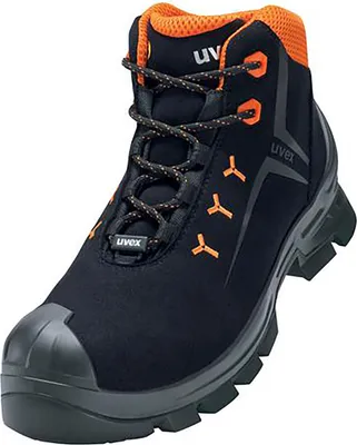 A black and orange work boot is shown against a white background.