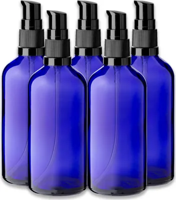 Produktbild von 5x Blaue Glasflasche 100 ml mit schwarzer Pumpe Dispenserpumpe 18 mm