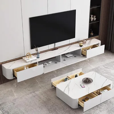 Immagine prodotto di Mobile TV sospeso, bianco, in legno, 240 cm, finitura effetto legno bianco