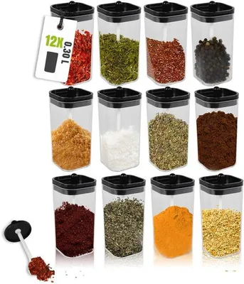 Image de Lot de 12 boîtes à herbes sans BPA, avec couvercles et cuillères, boîtes hermétiques pour épices, café, thé et graines, 0,3 L, 13 x 6,5 x 6,5 cm
