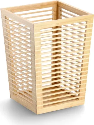 A close-up studio shot of a square bamboo waste bin with a slatted design.