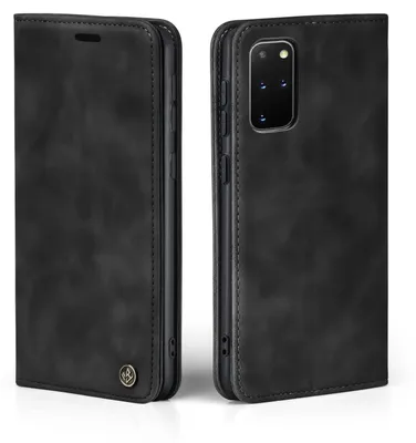 A black flip case for a Samsung Galaxy S20+ phone is shown from two angles.