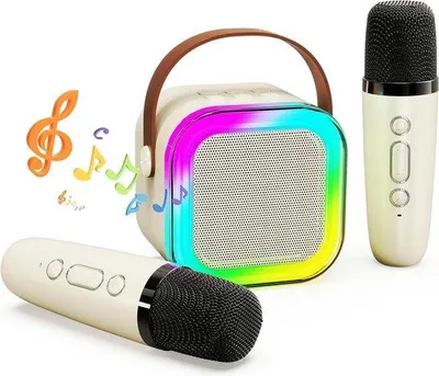 Obrázek produktu pro Karaoke sada s přenosným Bluetooth karaoke zařízením pro děti, vybavená dvěma bezdrátovými mikrofony, různými efekty a LED osvětlením. Ideální pro děti ve věku 3 až 18 let, pro chlapce i dívky.