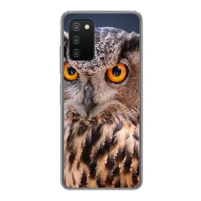 Produktbild von MuchoWow® Handyhülle Schutzhülle Hülle für Samsung Galaxy A03s Eine Nahaufnahme einer braunen Eule Silikon Softcase Handy Hülle - Schutz