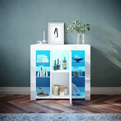 Produktbild von Sideboard, Küchenschrank, mit LED Beleuchtung(12 Farben können eingestellt Werden) Weiß Hochglanz Aufbewahrungsschrank, für Küche,Wohnzimmer,Esszimmer, 90(B)*35(T)*83(H) cm