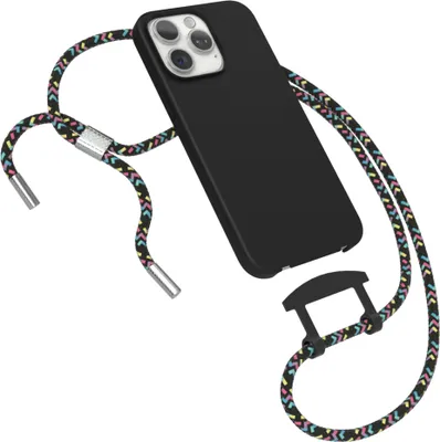 A black iPhone case with a colorful braided lanyard is shown against a white background.