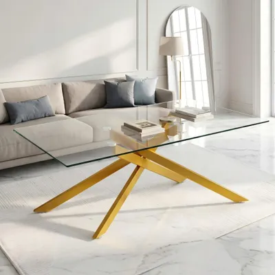 Produktbild von Couchtisch 120x60x46 cm mit gehärteter Glasplatte & goldfarbenem Metallgestell – rechteckiger Luxus-Design Wohnzimmertisch, Gold/Schwarz