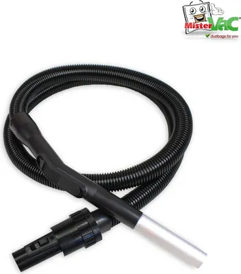 A black vacuum cleaner hose with a handle and connector on a white background.