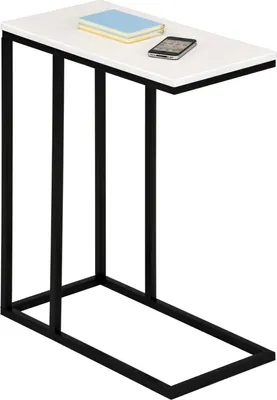 Produktbild von Beistelltisch DEBORA, praktischer Wohnzimmertisch in C-Form, schöner Couchtisch Tischplatte rechteckig in weiß, eleganter Sofatisch mit Metallgestell in schwarz