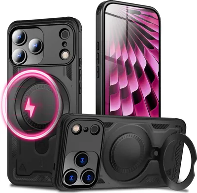 A product shot featuring multiple views of a black iPhone case with a magnetic charging ring and a kickstand.
