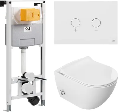 Immagine prodotto di Domotechnika | Set di toilette sospese Viba - elemento pre-murale - cassetta di scarico - bianco - senza bordo, senza bordo, soft close, bidet integrato - pulsante bianco