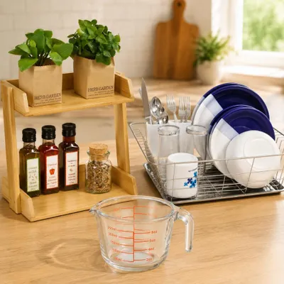 Immagine prodotto di Set da cucina in acciaio inossidabile (3 pezzi) – Scolapiatti grande, portaspezie e brocca in vetro