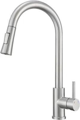 A stainless steel kitchen faucet with a pull-out spout.