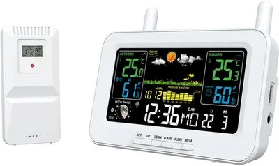Zdjęcie produktu dla Bezprzewodowa stacja pogodowa z budzikiem do użytku wewnątrz i na zewnątrz – kolorowy wyświetlacz, termometr, wskaźnik wilgotności, czujnik zewnętrzny, złącze USB