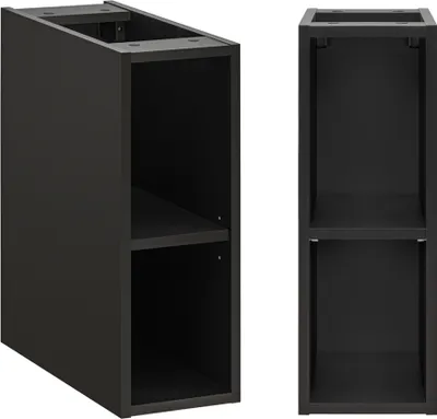 Two dark-colored cabinet units with shelves, shown from different angles against a white background.