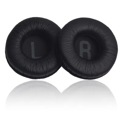 Two black ear pads for headphones, one marked with 'L' and the other with 'R', are shown against a white background with reflections.