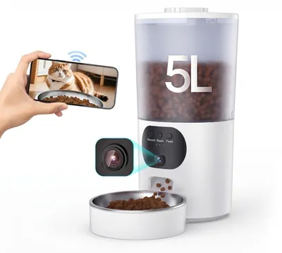 Productafbeelding van Voerautomaat kat Automatische krokettendispenser - WiFi camera - 6 L - RVS voerbak