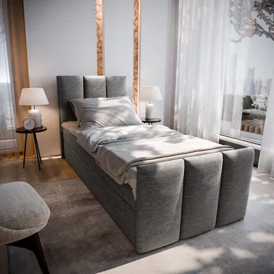 Produktbild von Masseno Boxspringbett LAGO 100 100x200 cm Komplett-Set mit Bonell Matratze und Topper, Polsterbett mit Bettkästen -Grau, SAWANA 05