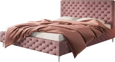 Produktbild von Polsterbett LUX MIAMI mit Kopfteil, 180 x 200 cm, Doppelbett mit Lattenrost aus Holz, Velourstoff Rosa, Füße in Farbe: Weiß