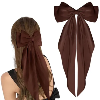 Produktbild von Haarspange mit großer Schleife, langer Schwanz, Satin, 90er-Jahre-Stil, Dunkelbraun