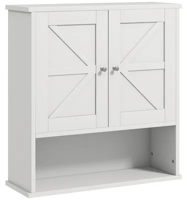 Image de Armoire de salle de bain suspendue - Meuble suspendu - Structure en bois - 2 portes - Étagère réglable - À installer au-dessus des toilettes ou dans la cuisine/buanderie - Blanc