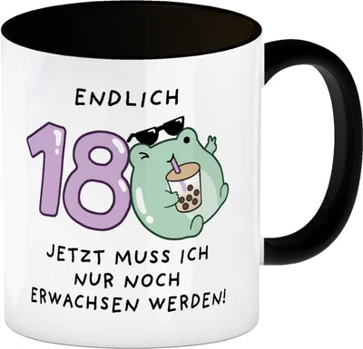 Produktbild von Jelly & Friends Frosch Kaffeebecher in schwarz mit Spruch Endlich 18 nun