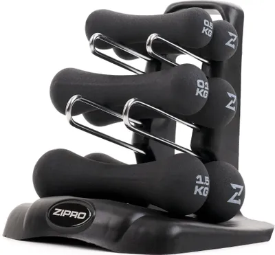 Obrázok produktu pre ZIPRO Neoprénové činky, sada 6 kg – činky, veža na činky s činkami, závažia pre domáce použitie, obchodná sada, aerobik, fitness, gymnastické činky, čierna farba