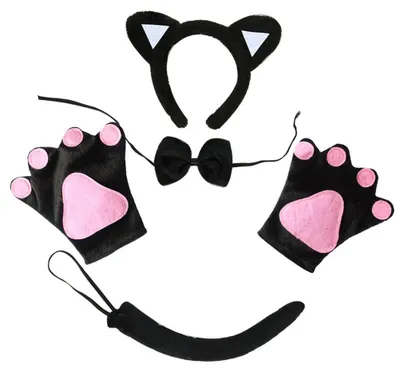 Produktbild von 5-teiliges Katzenkostüm-Set mit Ohren, Stirnband, Fliege, Schwanz, Pfotenhandschuhen für Halloween-Party-Dekoration