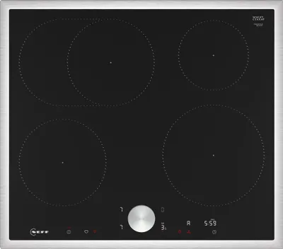 A top-down view of a black induction hob with four cooking zones. The hob has a silver control knob and a digital display showing time.