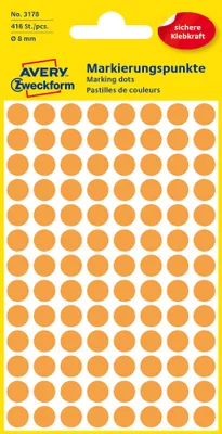 Obrázok produktu pre Avery Zweckform® 3178 Značkovacie bodky Ø 8 mm 4 listy/416 štítkov fluorescenčná oranžová(S)