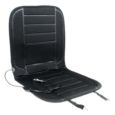 A black heated car seat cushion with a power cord and car adapter.