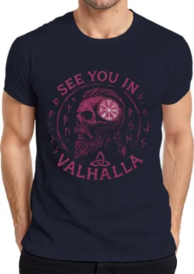 Produktbild von Wikinger Schädel Vegvisir Runen Dreiknoten See you in Valhalla Herren T-Shirt, Navy, XXL