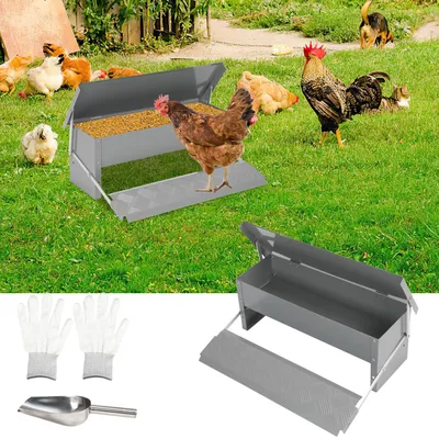 Immagine prodotto di Distributore automatico per mangime per polli Ikodm, capacità 5 kg, con pedale. Abbeveratoio per pollame in acciaio zincato, completo di paletta e guanti