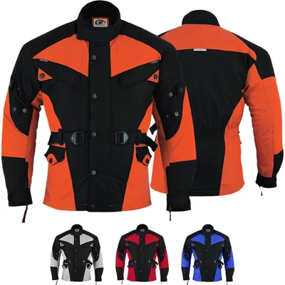 Cordura-Herren-Motorradjacke in Orange, Vorder- und Rückansicht. Mit Protektoren für Arme, Brust, Schultern, Ellbogen und Rücken. Zwei Innentaschen mit Reißverschluss. Erhältlich in drei weiteren Farben.