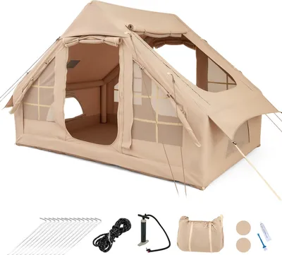 Image de Tente gonflable COSTWAY 4-6 personnes, Tente de camping avec 4 fenêtres en filet, 2 portes, fenêtre de toit, sac de transport & pompe, Tente gonflable 300x210x197cm