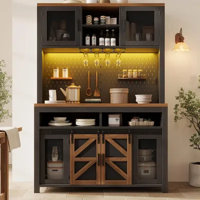 Produktbild von Küchenschrank mit LED-Beleuchtung und USB-Anschluss Hochschrank Küchenbuffet Vitrinenschrank Buffetschrank 120×40×174.5cm Schwarz