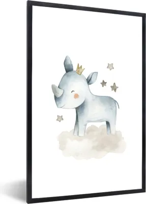 Produktbild von MuchoWow® Gerahmtes Poster Rhinozeros - Kinder - Tiere 60x90 cm - Poster mit Schwarzem Bilderrahmen Wandposter Rahmen Foto Bilder - Kunst