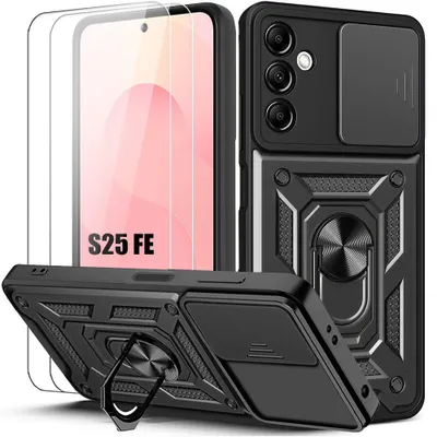 Image de Coque + 2 Verres Trempés pour Samsung Galaxy S25 FE, Protection Robuste Renforcée avec Cache Caméra - Noir