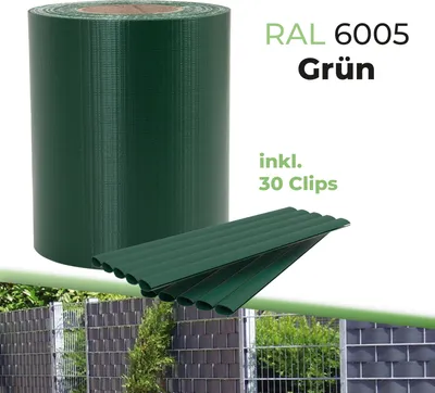 Produktbild von PVC Sichtschutzstreifen für Doppelstabmatten Blickdicht | Doppelstabmattenzaun Sichtschutz | 30 Befestigungsclips | 35m x 19 cm | Zaunfolie Windschutz | Grün RAL6005