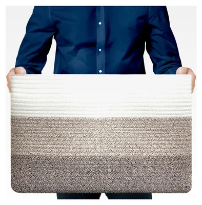 Produktbild von Großer Aufbewahrungskorb - Rechteckiger Baumwollkorb mit Griff – Korb für Decken im Wohnzimmer – 63x40x40 cm – Farbverlauf Gelb – Geflochtener Wäschekorb – Aufbewahrung für Spielzeug im Kinderzimmer