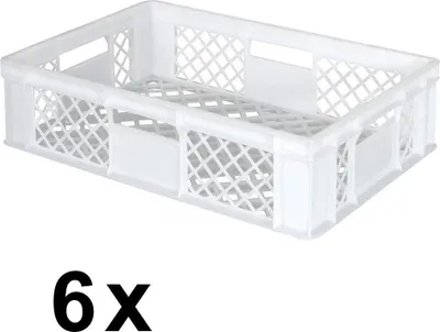 Produktbild von 6x Eurobehälter durchbrochen/Stapelkorb, PE-HD weiß, Industriequalität, lebensmittelecht, LxBxH 600 x 400 x 150 mm