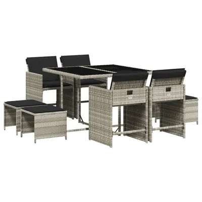 Produktbild von 9-tlg. Garten-Essgruppe mit Kissen Hellgrau Poly Rattan