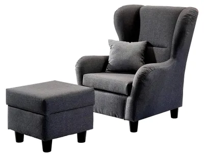 Produktbild von Bequemer Ohrensessel mit Hocker im Landhaus-Stil, B90/H98/T76 cm, hoher Sitzkomfort durch Wellenunterfederung, moderner Lesesessel mit Echtholzfüßen und Zierkissen, Strukturstoff in Grau