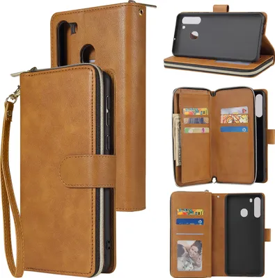 Produktbild von Für Samsung A01/A21/A31/A41/A51 Kunstleder Handyhülle Reißverschluss Tasche + Handschlaufe braun