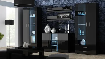 Produktbild von Wohnzimmer - Set Wohnwand SOHO 10D schwarz hochglanz Vitrinenschränke Kommode Medienwand 280cm Breit