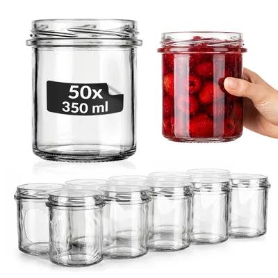 Zdjęcie produktu dla SUPERBUTELKI - 50 szt. Szklane słłoiki na przetwory 350 ml - BEZ ZAKRĘTEK - Zestaw słoików na przetwory, dżem, konfitury, miód do wekowania i pasteryzacji