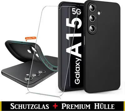 A product shot of a black phone case and screen protector for a Samsung Galaxy A15 5G.