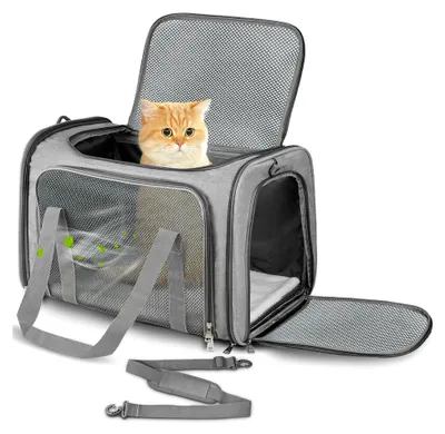 Produktbild von Transporttasche für Katzen und kleine Hunde bis 5 kg, tragbar und faltbar mit Schultergurt (Grau, 43x28x28 cm)