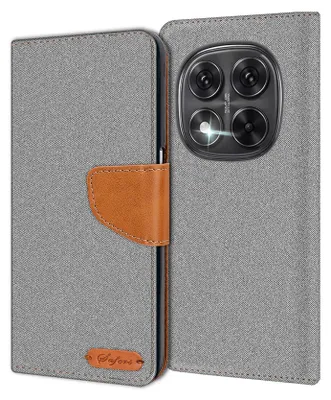 A flip-style phone case is shown open, revealing the inside and the back of a phone with a camera module.