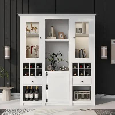 Immagine prodotto di Mobile vetrina per il soggiorno, dimensioni 143x45,5x170 cm, vetrina bianca con illuminazione a LED, ante e cassetti in MDF